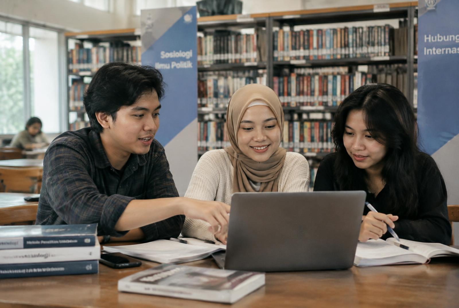 Mahasiswa berdiskusi di perpustakaan bersama laptop dan buku