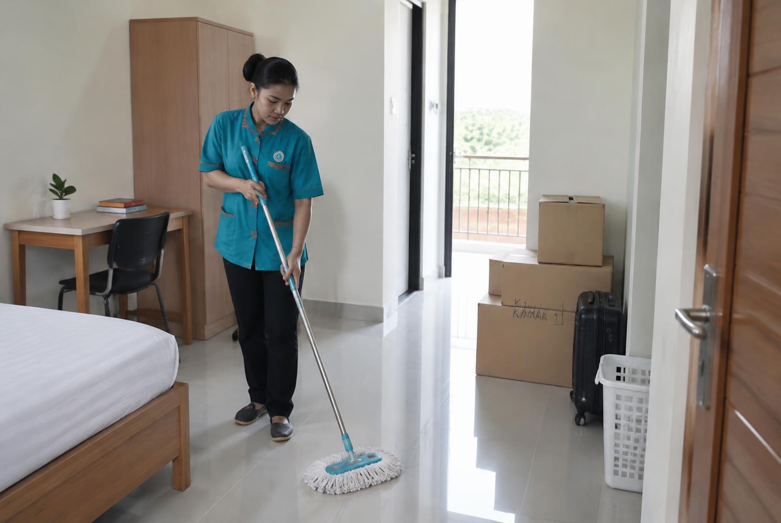 Petugas membersihkan lantai kamar kost dengan kardus pindahan di sudut ruangan